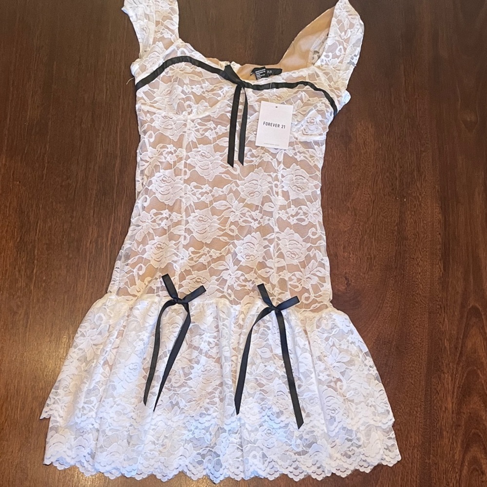 NWT Forever 21 Cream Lace Dress with Black Ribbon
